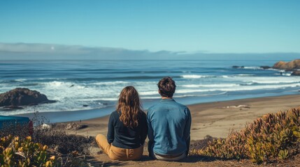 Couple on a California road trip, parked near Santa Cruz beach, watching the waves together