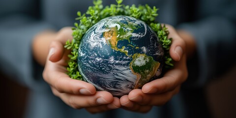 The image of two hands holding a small globe shows that we can maintain environment