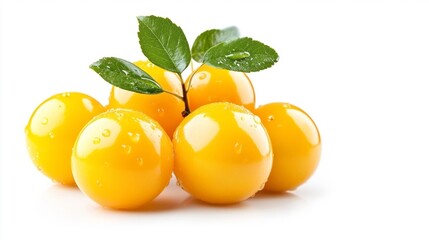 Fresh Yellow Plums with Water Droplets on White Isolated Background. Generative AI