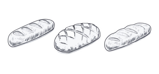 Hand-drawn sketch of fresh wheat bread. Soft white loaf, perfect for infographics, packaging labels, food apps, websites, and bistro branding.