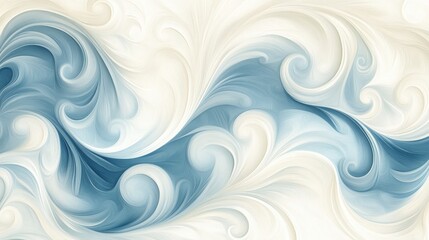 Elegant abstract painting features flowing blue and white swirls