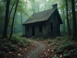 Abandoned witch cabin decaying in haunted forest with scattered bones on path