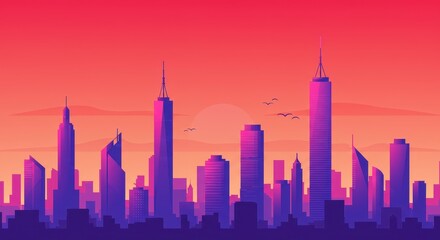 Obraz premium Futuristic City Skyline Illustration with Vibrant Sunset Colors, Featuring Modern Skyscrapers and Silhouetted Buildings with Birds. Perfect for Urban Themed Designs and Concept Art.
