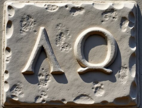 Alpha and omega symbols carved into textured stone