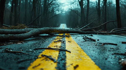 Fallen branches and debris clutter the yellow road, set among dense trees after a recent storm, creating a sense of desolation