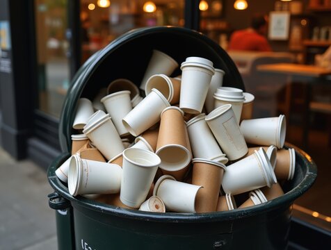 Overflowing trash bin with discarded coffee cups