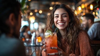 Mexican woman sitting at a lively bar, holding a michelada and chatting with friends,
