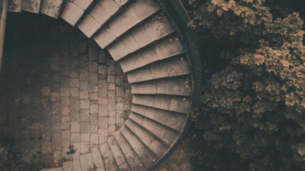 Stone spiral staircase descends into garden
