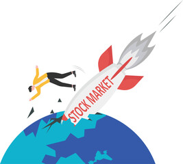 Businessman holding tightly to a rocket labeled Stock Market as it rapidly dives downwards. Symbolizes financial turmoil,
