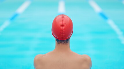 Swimmer in Red Cap Preparing for Race at Poolside with Blue Water Reflections