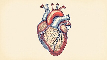 Naklejka premium Anatomical drawing of a human heart, highlighting its major parts and circulatory system