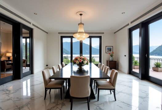 Luxurious Dining with a View: Lake Como Mansion, Marble Floors, Black Windows, White Walls, Light Beige Chairs, and Mountain Scenery.

