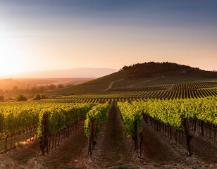 Fototapeta premium A sprawling vineyard with rows of grape vines stretching towards a distant hill at sunset.