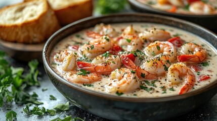Delicious shrimp dish served in a bowl with herbs and spices, accompanied by bread on the side