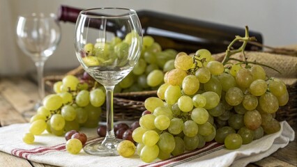 Wine and Grapes Still Life: A rustic still life featuring a glass of wine, a bottle, and bunches of ripe green and red grapes, creating a visually appealing scene for wine lovers and food enthusiasts.