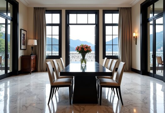 Luxurious Lake Como Dining Room: Marble Floors, Black Windows, White Walls, Light Beige Chairs, and Mountain Views Create an Elegant Mansion Setting.

