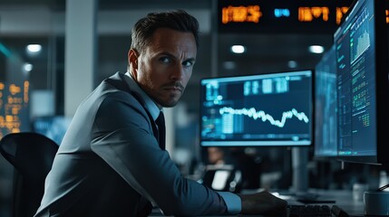 High-powered financial analyst sitting at a desk with dual monitors, analyzing cryptocurrency fluctuations