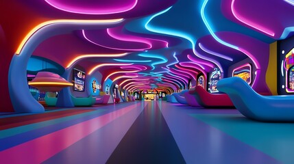 Retro 80s theme park, neon arcade rides, synthwave aesthetic, 3D illustration