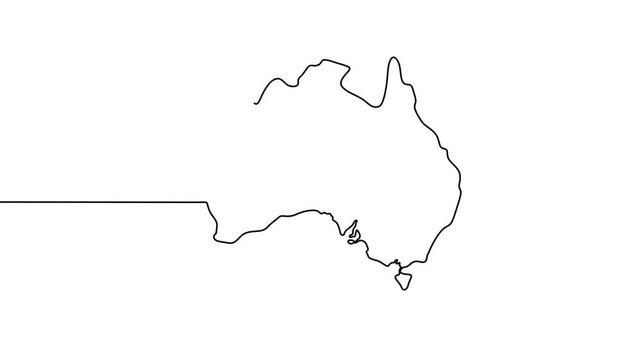 One continuous line drawing animation of Australia. Abstract outline Australian continent, geographical map isolated on white background. Happy Australia Day. Hand drawn minimalist animation