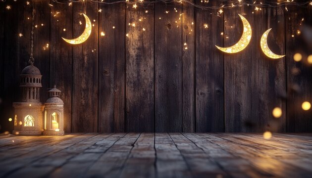 Golden Lanterns and Moons on Dark Wooden Background