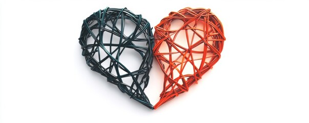 Two-toned woven heart on white; split love concept