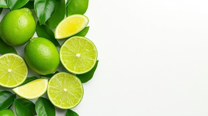 Fresh Limes and Leaves on a White Background. Generative AI