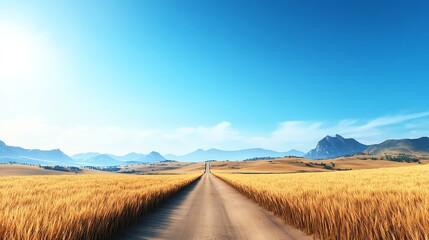 Rural dirt road, golden wheat fields, rustic charm, 3D illustration