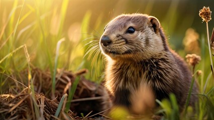 Fototapeta premium Adorable Gopher in the meadow on a summer evening Illustration for Gopher Day: Playful and Nature-Inspired Wildlife Art