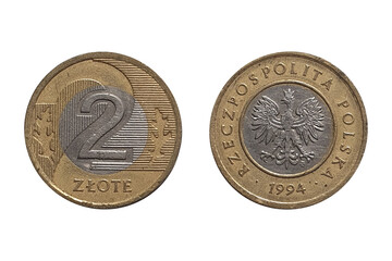 Coin 2 Zlotys 1994. Coin of Poland. Coin 2 zlotys 1994 Obverse and Reverse on white background. The coat of arms of Poland with the country name around the outer ring and the date at the bottom of the