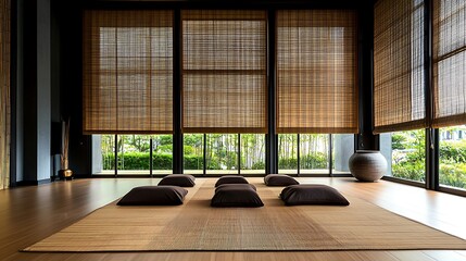 Obraz premium Serene meditation room, zen garden view, peaceful atmosphere, spa retreat
