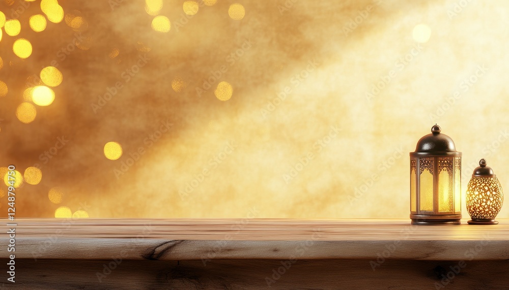 Poster golden lanterns on wooden table with warm bokeh lights