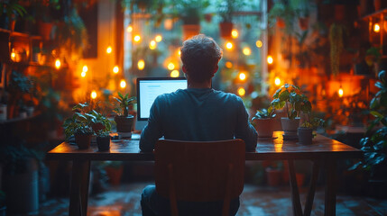 A man working on a laptop in a cozy, plant-filled room with warm lighting. The ambient glow enhances the workspace, creating a peaceful and inspiring atmosphere