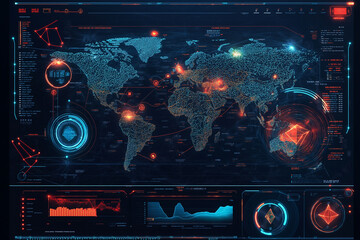 Futuristic blockchain interface display with global map - Decentralized network and cryptocurrency concept for business and finance
