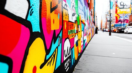 Sidewalk bordered by a graffiticovered wall, urban street art culture, edgy and vibrant atmosphere,...