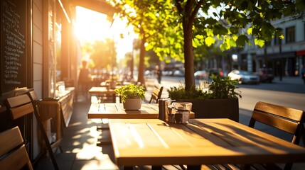 Sidewalk cafe with wooden tables and chairs, morning coffee scene, warm sunlight filtering through tree branches, cozy European street vibes
