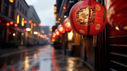 Sidewalk in a historic Chinatown district, red lanterns hanging above, cultural richness, deep storytelling, atmospheric street view