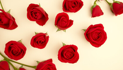Red roses arranged on cream background