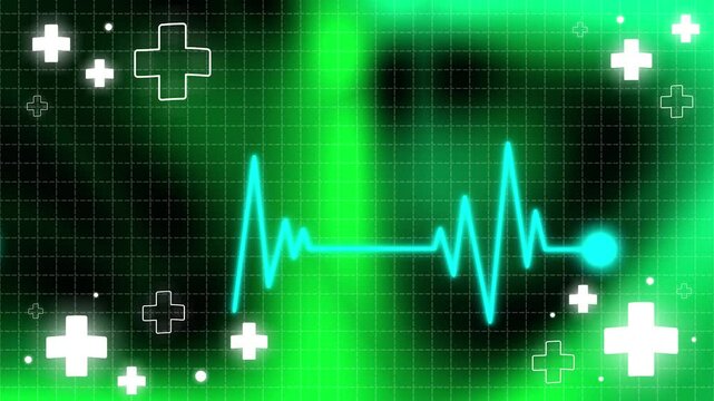 Background abstract wave Heartbeat lines animation and plus shape vector background created with computer graphics. aurora green color wave and grid . healthcare medical motion 4k