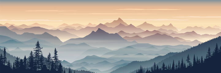 Obraz premium Sunrise in the mountains, misty silhouettes of ridges, forest in the fog, vector illustration