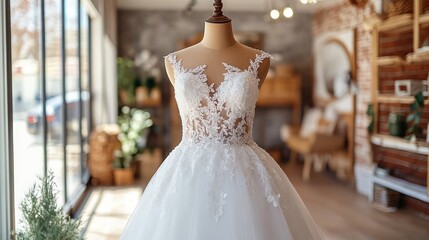 Naklejka premium Lace wedding dress on mannequin in bridal shop.