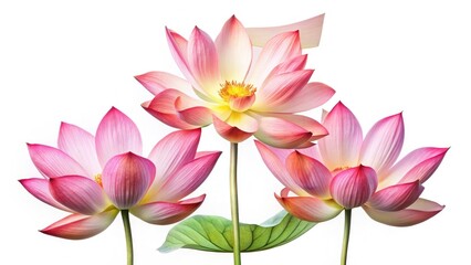High-resolution PNG: Triple, quadruple, and quintuple lotus blooms in double exposure, isolated on white.