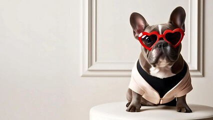 Cute French bulldog with red heart shaped glasses sitting on white sofa, in front of beige wall background with copy space. Funny pet in Valentine's day concept