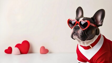 French bulldog in red clothes and heart shaped glasses on soft beige background with copy space. Funny pet in Valentine's day concept