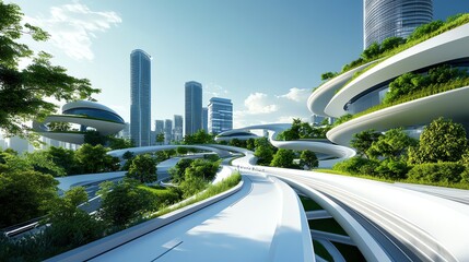 Fototapeta premium Ultraclean futuristic pedestrian road in a smart ecocity, sustainable urban design, green energy elements, modern innovation