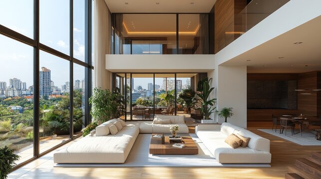 Modern duplex apartment living room with floor-to-ceiling windows, city view, and comfortable sofas.