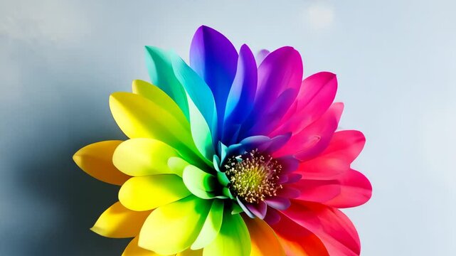Colorful flower with a rainbow of colors. The flower is in the center of the image and is surrounded by a blue background. Concept of beauty and vibrancy, as the colors of the flower are bright