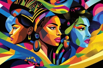 stylized vector illustration of diverse women in vibrant colors, celebrating unity and empowerment through interconnected geometric shapes and flowing lines