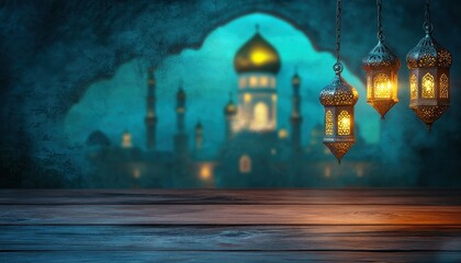 Fototapeta premium Illuminated Metal Lanterns Hanging over Wooden Table with Blurred Mosque Background