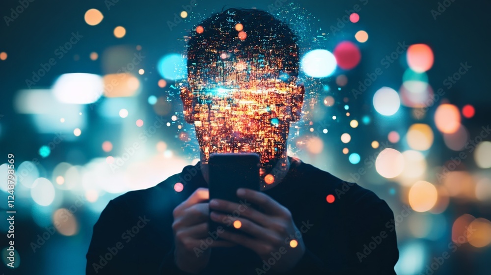 Poster Man using smartphone at night with head exploding with particles and lights, depicting information overload, stress, burnout, and modern communication