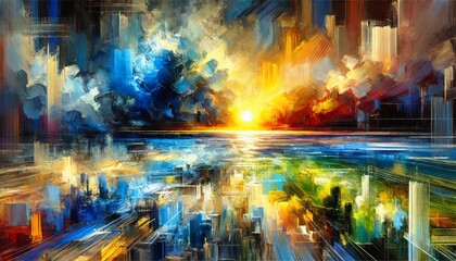 Abstract landscape with vibrant brushstrokes dynamic textures glowing focal point and bold modern impressionism.